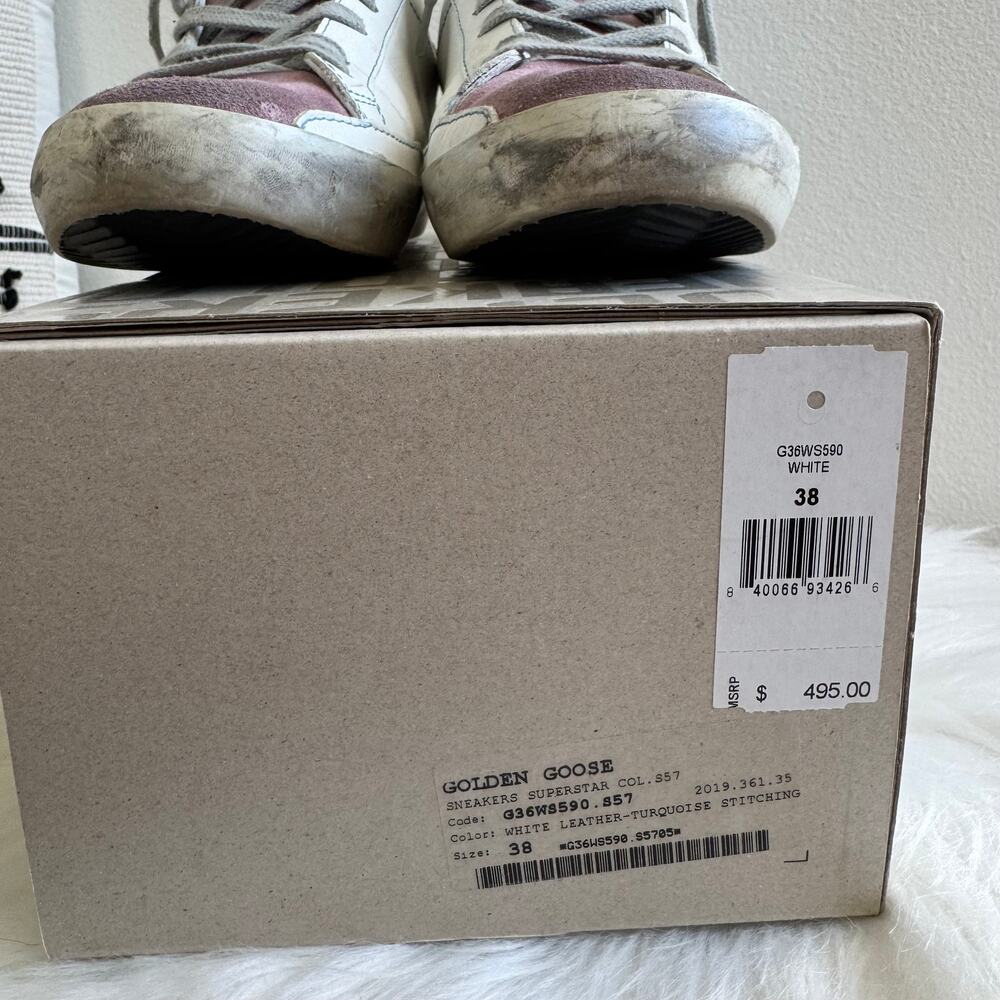 Golden Goose Superstar Sneaker White Leather Turquoise Stitching EU 38/8US - Picture 5 of 12